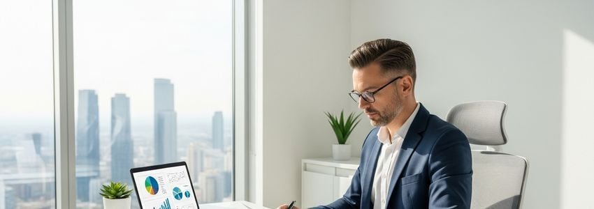 Seasonal business owner reviewing working capital loan documents in a professional office setting