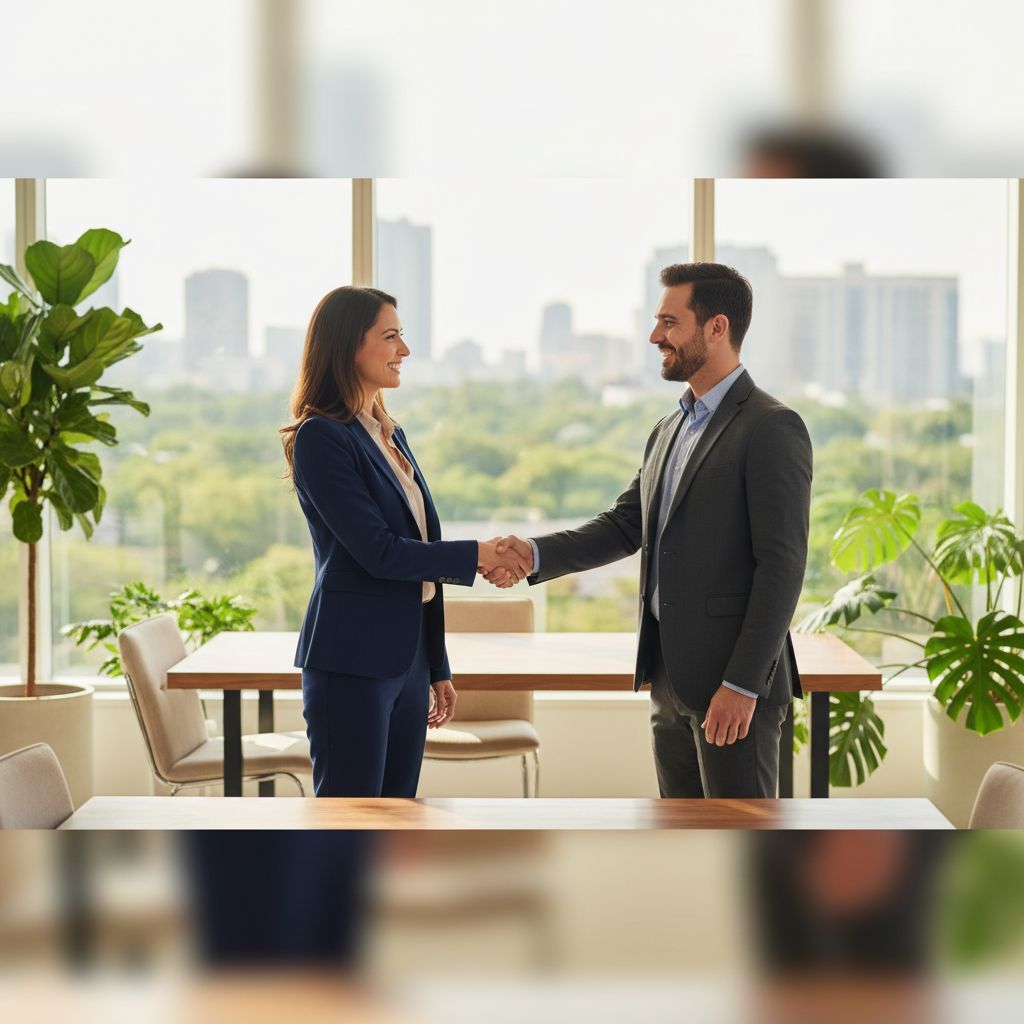 Business owner shaking hands with financial advisor in professional office setting