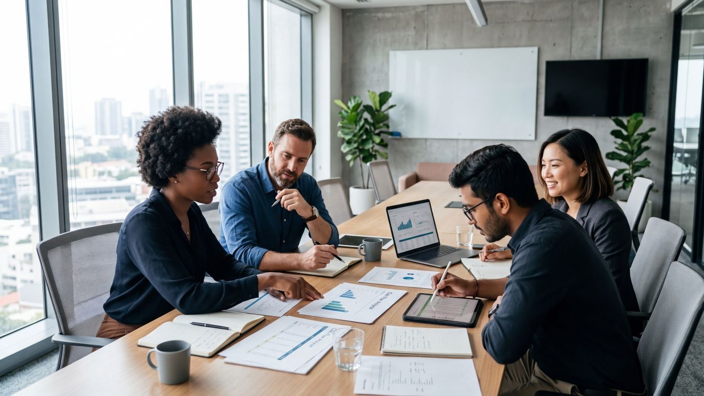 Small business team reviewing working capital strategies and financial documents around a conference table