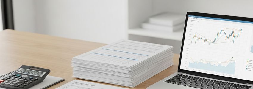 Small business owner reviewing loan documents and financial charts at office desk