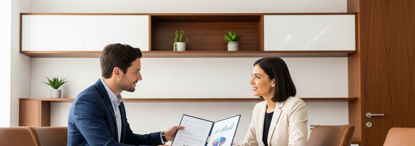 Two business professionals reviewing financing documents comparing working capital loans and business credit cards in a modern office setting