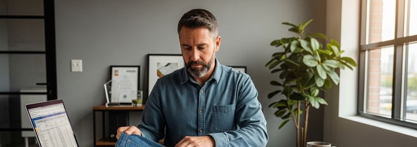 Workwear business owner reviewing financing documents at a professional office desk