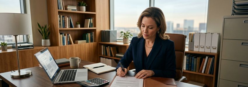 Business owner reviewing a legal settlement agreement and financial documents in a professional office