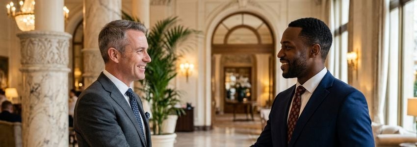 Hotel business owner and financial advisor reviewing Wyndham Grand franchise financing options
