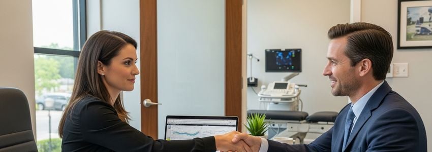 Healthcare provider reviewing X-ray machine financing options with a financial advisor