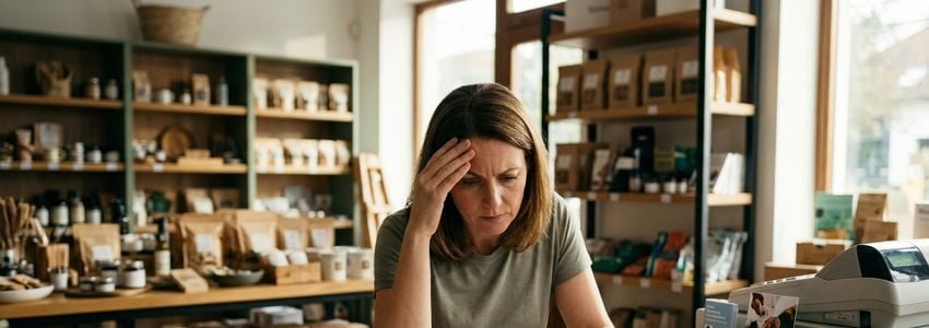 Small business owner reviewing merchant cash advance paperwork and financing alternatives at a retail counter