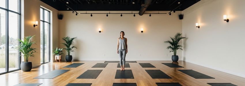 Yoga instructor guiding a class in a modern franchise studio with rows of participants on mats