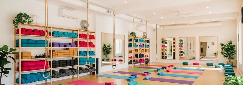 Modern yoga studio interior showcasing premium equipment including rope walls, mats, and renovated flooring - the type of upgrades yoga studio financing can fund