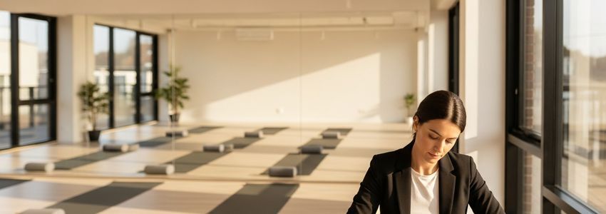 Yoga studio owner reviewing loan financing options at a professional desk
