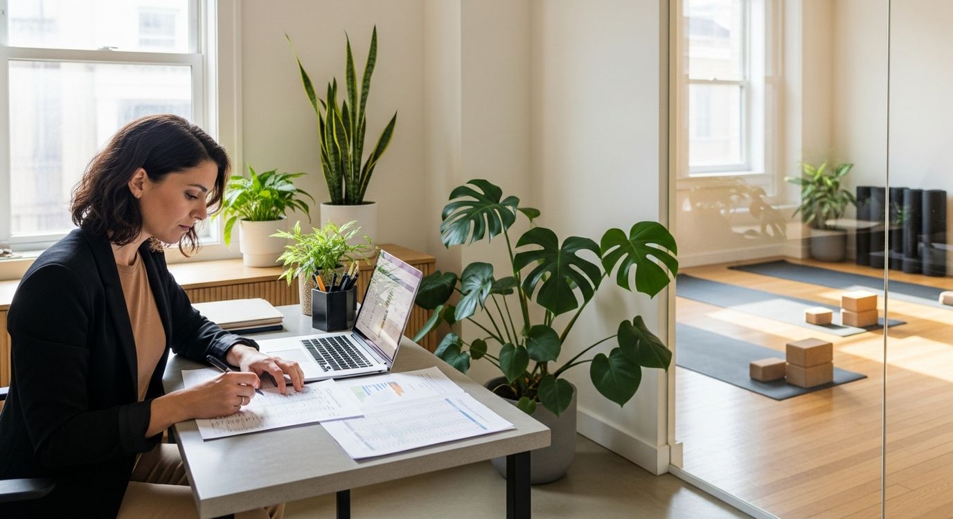 Yoga studio owner reviewing financing options at her desk