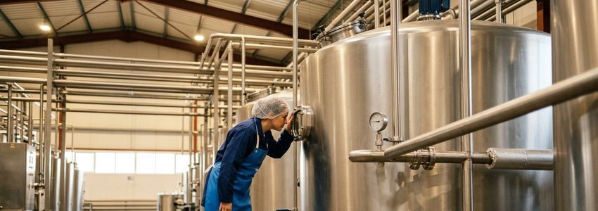 Dairy plant technician monitoring stainless steel yogurt culturing tanks in a commercial production facility