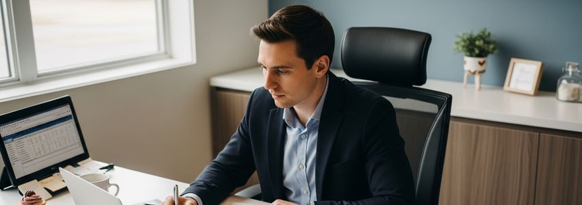 Franchise owner reviewing financial documents and loan options at a professional business desk