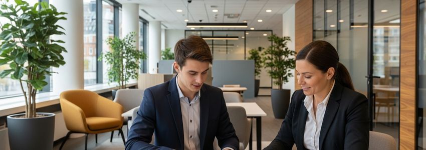 Young entrepreneur reviewing business credit report at desk