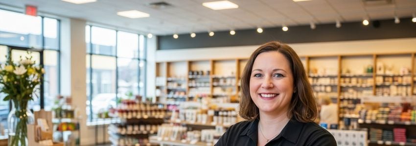 Small business owner at shop counter in Youngstown Ohio ready to grow with business financing