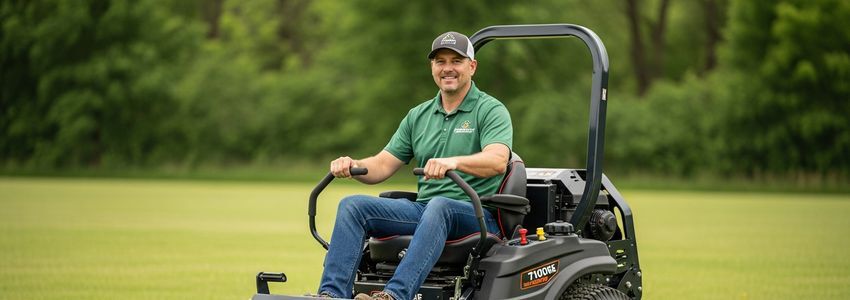 Lawn care business owner reviewing equipment financing options next to a commercial zero-turn mower
