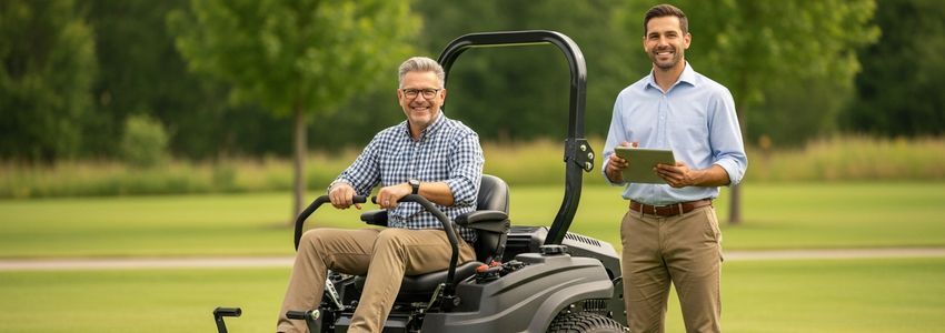 Lawn care business owner reviewing zero turn mower financing options