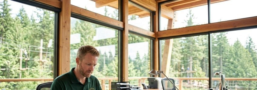 Zipline adventure tourism business owner reviewing financing documents in a park office