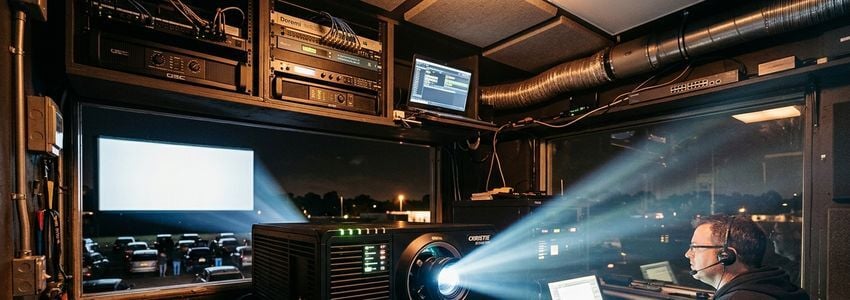 Drive-in theater projection booth with modern digital cinema projector