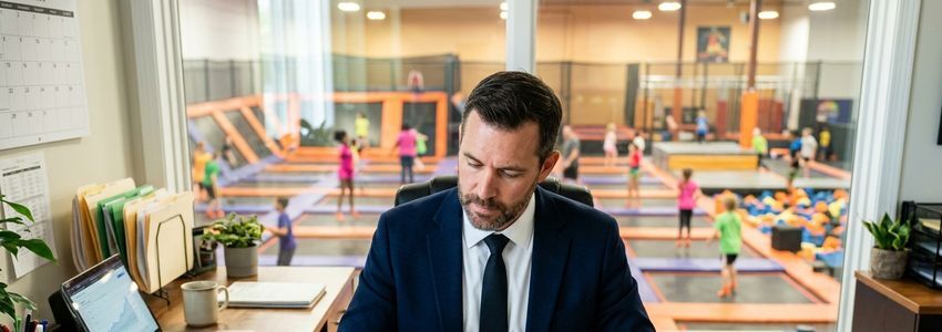 Trampoline park owner reviewing equipment financing documents with courts in the background