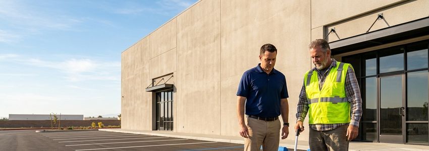 Contractor measuring and marking accessible parking space striping in a commercial parking lot