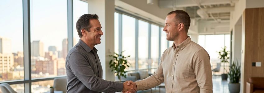 A small business owner and a financial advisor shaking hands after reviewing a business line of credit agreement