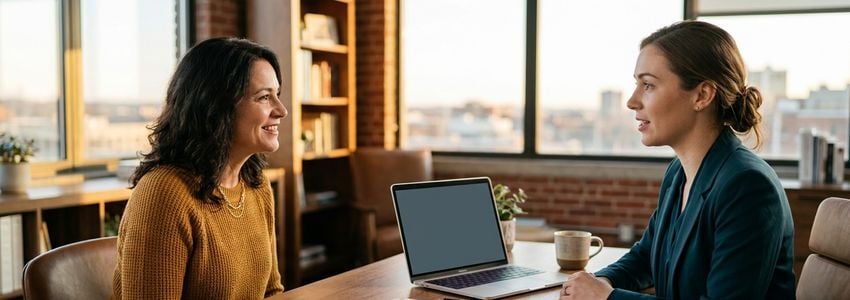 Small business owner reviewing loan and lien documents with a financing specialist at a desk