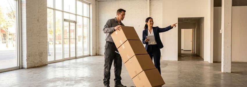 Business owner and professional mover relocating a commercial space after losing a lease