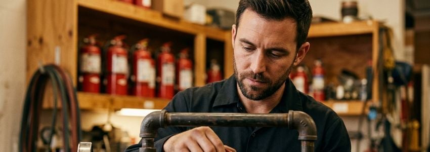 Fire extinguisher service technician performing hydrostatic testing on a fire extinguisher cylinder in a service shop