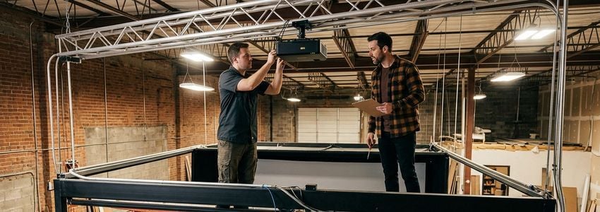 Technicians installing golf simulator launch monitor and projector equipment in a commercial golf simulator bay