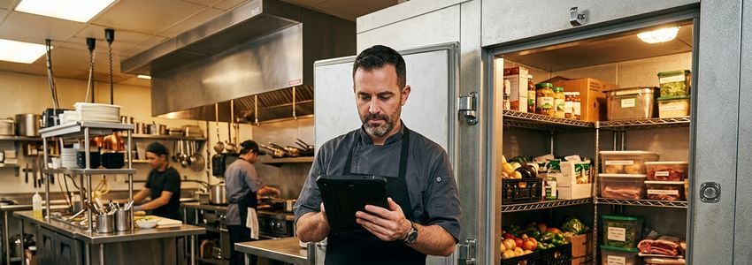 Restaurant kitchen manager reviewing a walk-in cooler refrigeration failure with a repair technician