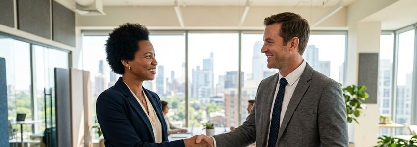 Business owner and advisor shaking hands after resolving a financing matter in a professional office
