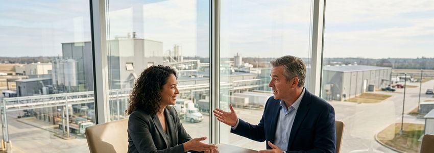 Business owner and financial advisor discussing poultry processing equipment financing options near an industrial facility