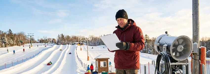 Winter recreation park manager reviewing equipment plans next to a snowmaking machine and tubing lanes