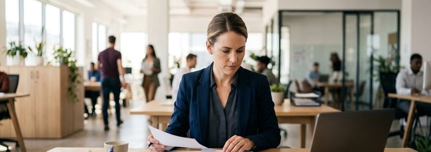 Small business owner reviewing insurance claim paperwork and financing options at a desk with a laptop