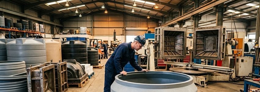 Manufacturing technician operating a rotational molding machine on a factory floor