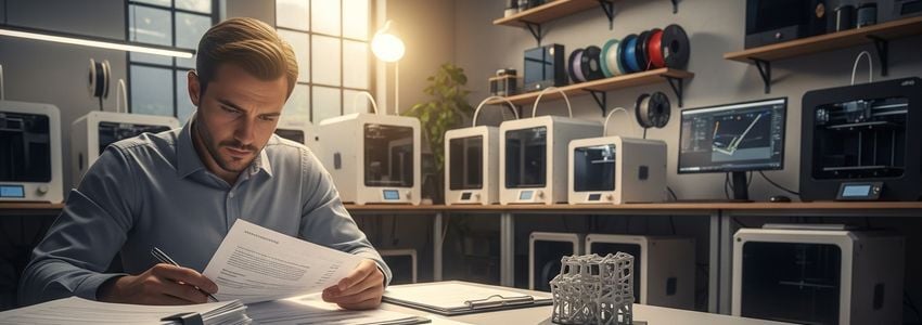 A 3D printing business owner reviewing financing documents at a desk with 3D printers visible in the background