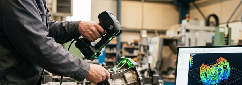 Technician operating a handheld 3D scanner on a metal machine part with a 3D point cloud model displayed on a monitor