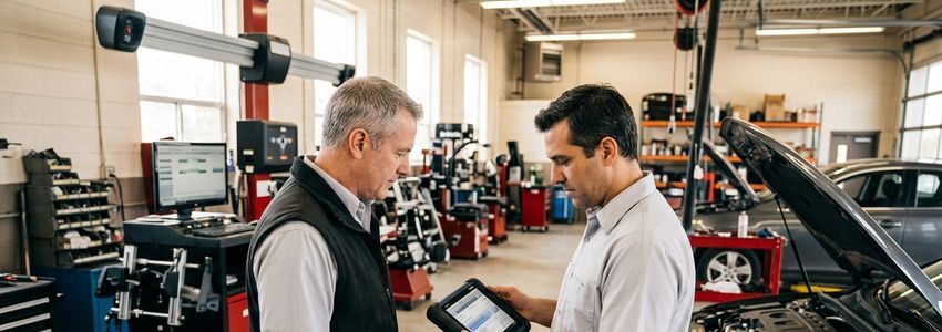 Auto repair shop owner and technician reviewing a diagnostic scan tool next to a vehicle with ADAS calibration equipment in a shop bay