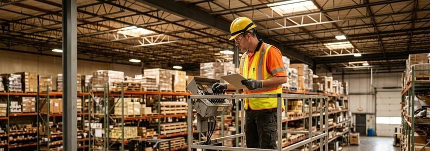 Equipment technician inspecting a scissor lift aerial platform in a commercial warehouse