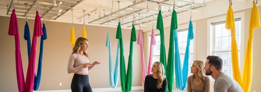 Aerial yoga studio owner discussing business financing options with instructors in a professional studio with silk hammocks