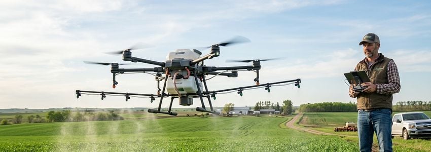 Farmer operating an agricultural spray drone over a crop field for drone financing