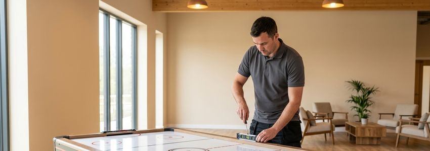 Business owner setting up a commercial air hockey table in an arcade game room