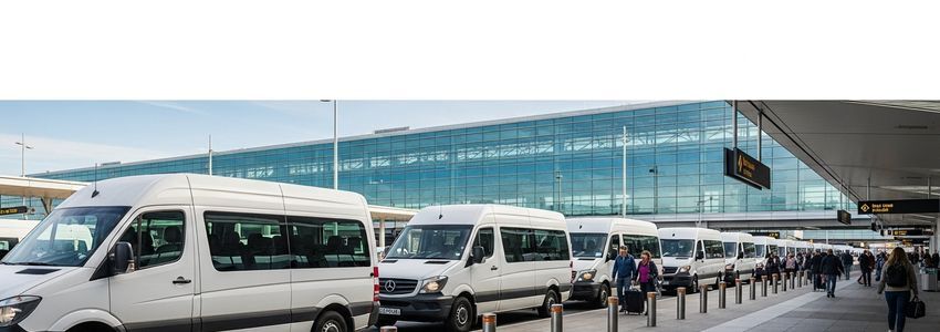 Airport transportation shuttle vans lined up at a commercial airport terminal for passenger pickup