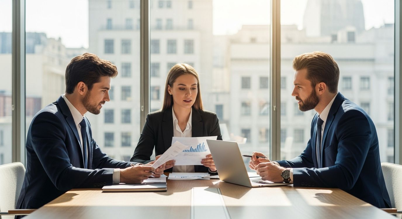 Alabama small business owner reviewing loan documents with a financial advisor in a professional office setting