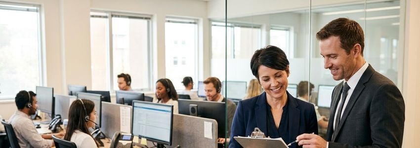 Answering service agents at headsets working at a call center handling live client calls