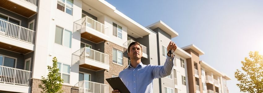 Real estate investor reviewing apartment building loan documents with financial advisor - Crestmont Capital