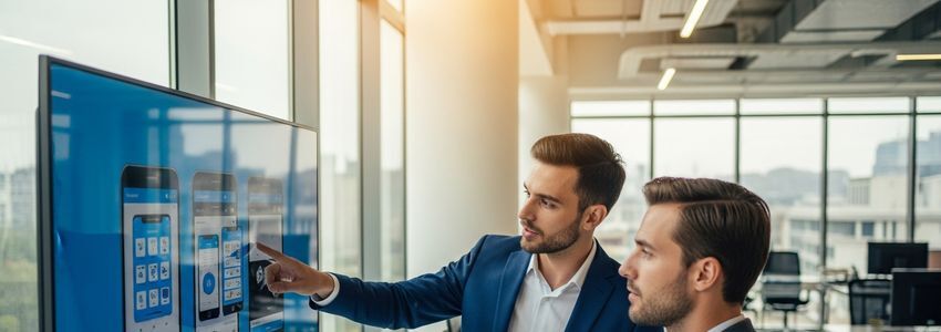 App development business professionals reviewing mobile app designs in a modern tech office