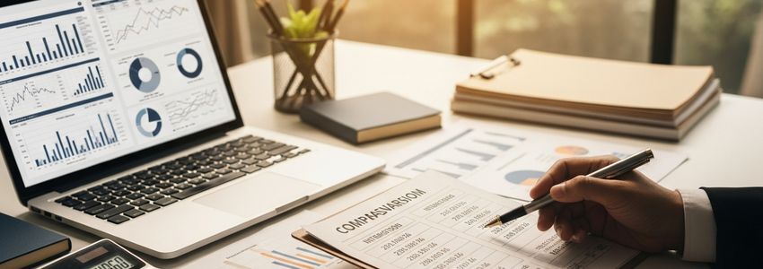 Business professional reviewing APR vs factor rate loan comparison documents on desk with calculator