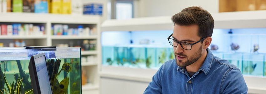 Aquarium store owner reviewing financing options at a professional fish and aquatic life retail shop
