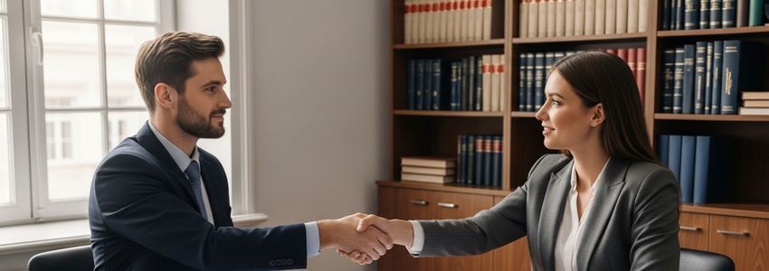 Professional arbitration services team discussing business financing options in a corporate legal office